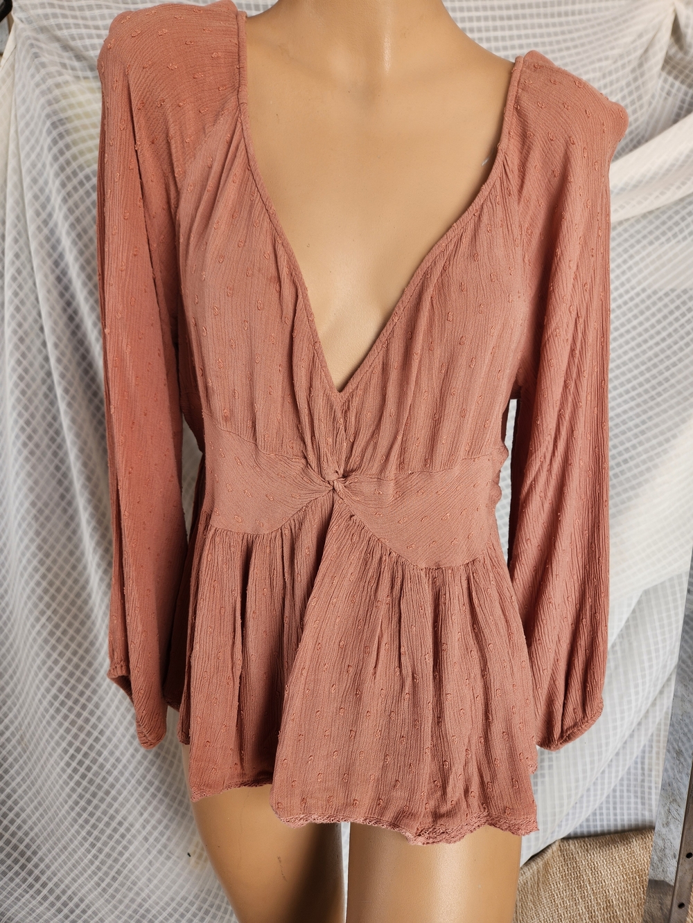 American Eagle Outfitters Dusty Rose Deep V Peplum Long Sleeve Tunic